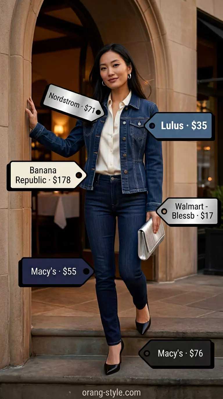 Chic monochrome denim jacket outfit for women 2026: dark indigo jacket, white blouse, slim jeans, heels.