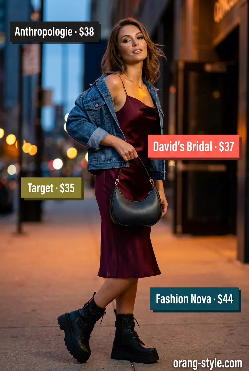 Retro cool denim jacket outfit for women 2026: medium blue jacket, satin slip dress, combat boots.