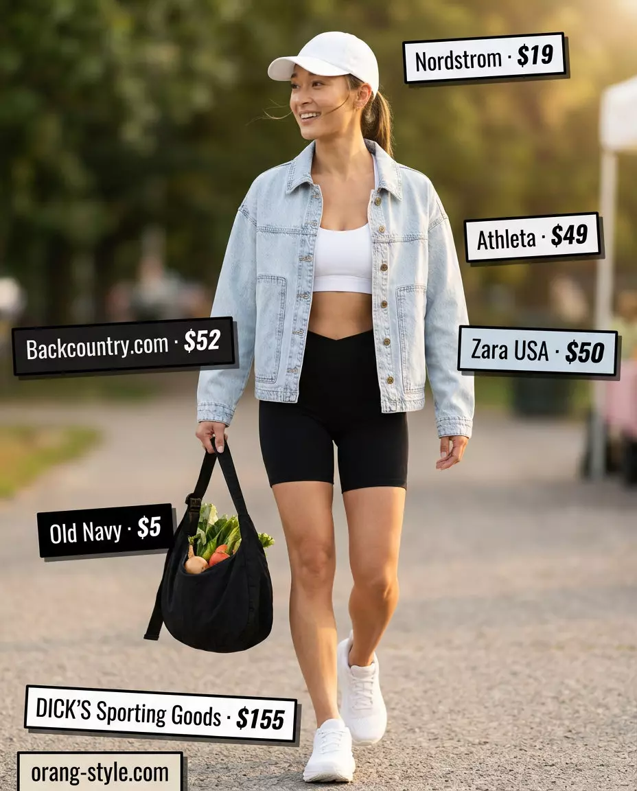 Sporty summer denim jacket outfit for women 2026: light blue jacket, biker shorts, sports bra, sneakers.