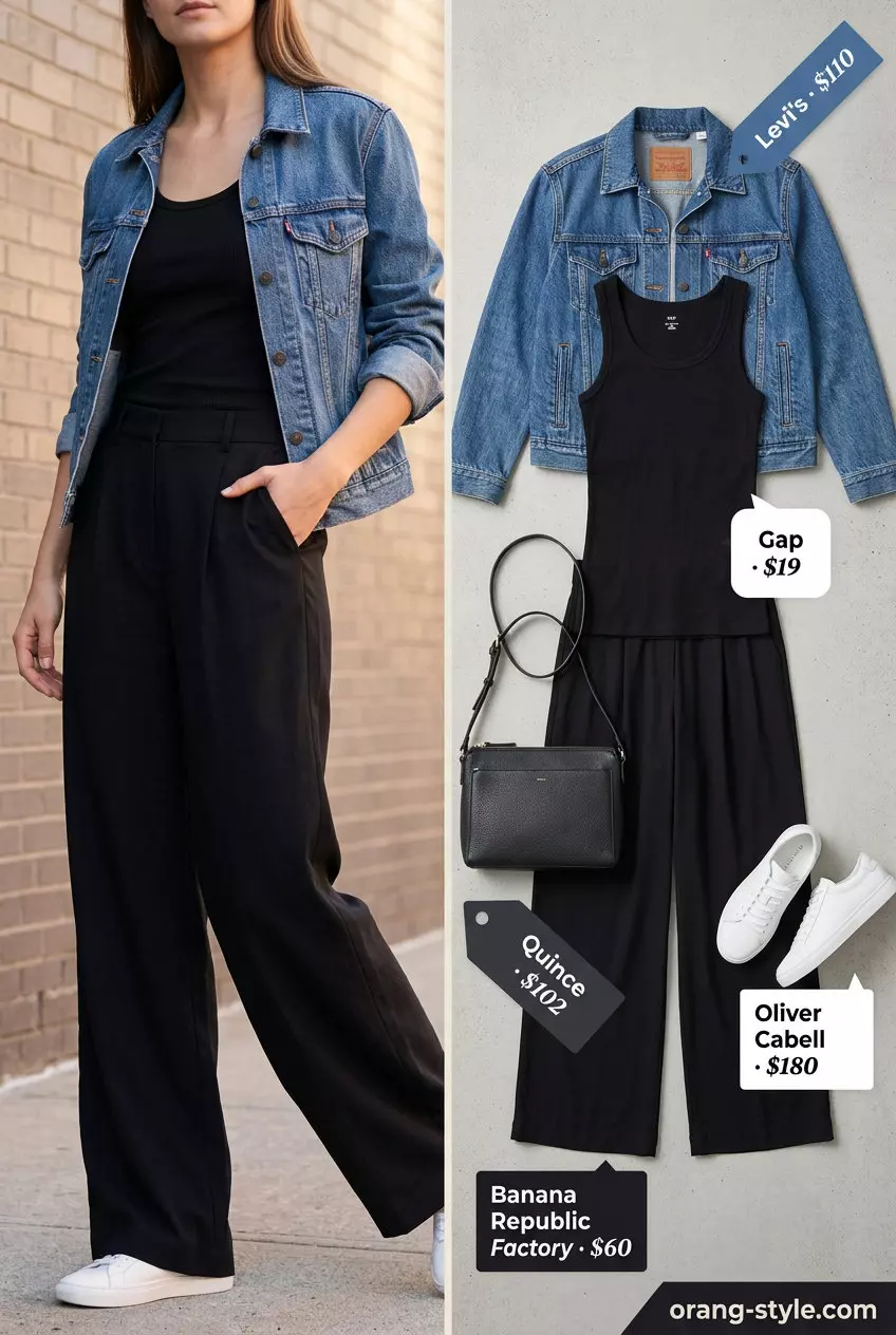 Urban explorer denim jacket outfit for women 2026: medium blue jacket, wide-leg trousers, tank top, sneakers.