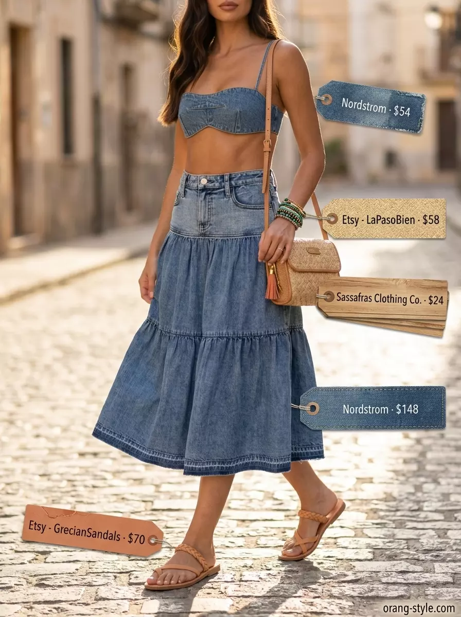 Boho chic summer denim skirt outfits for women 2026: High-waisted tiered denim midi skirt with matching bralette and sandals.