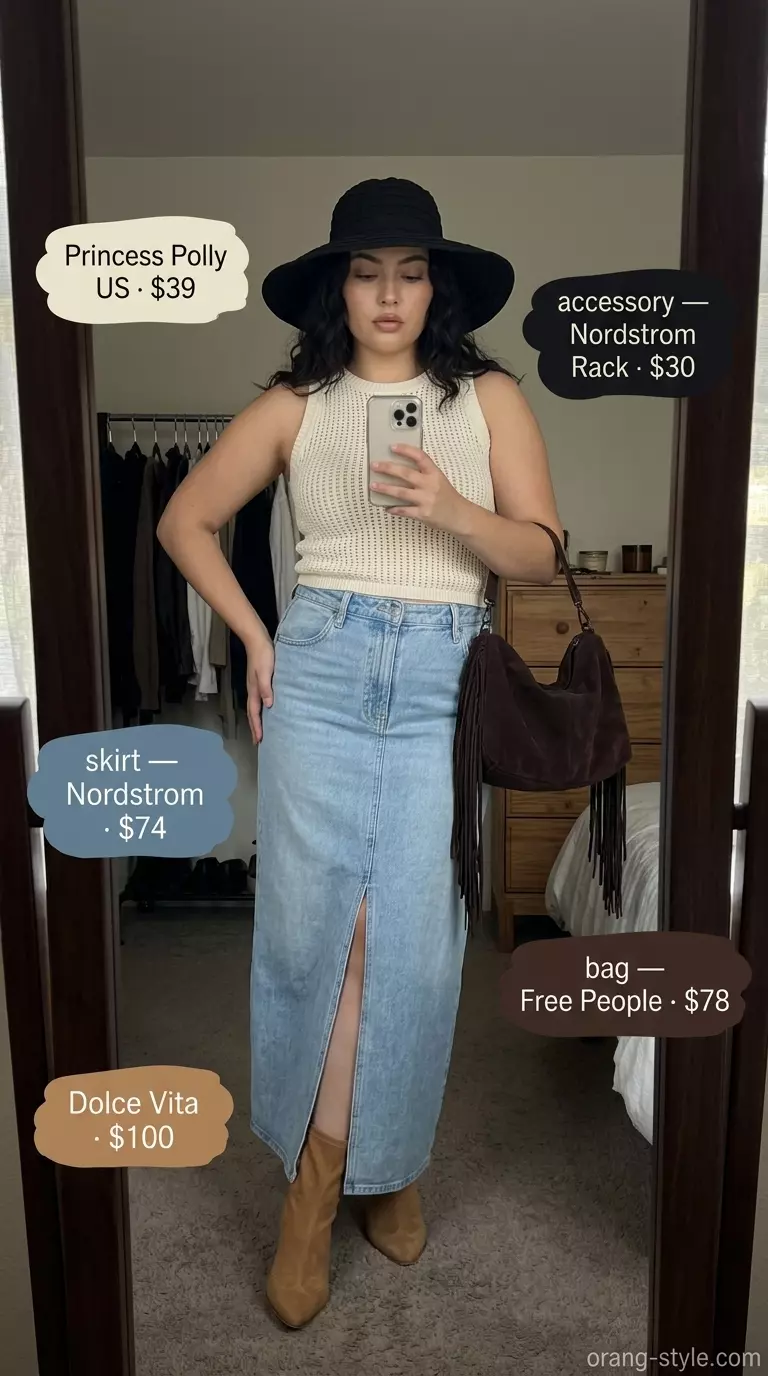 Summer Denim Skirt Outfits for Women 2026: Dark wash maxi skirt, crochet top, suede boots, and fringe bag for festivals.
