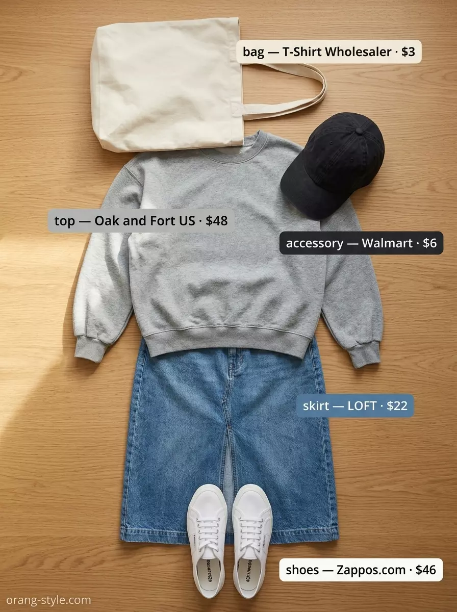 Casual comfort core summer denim skirt outfits for women 2026: Relaxed midi denim skirt with oversized sweatshirt and sneakers.