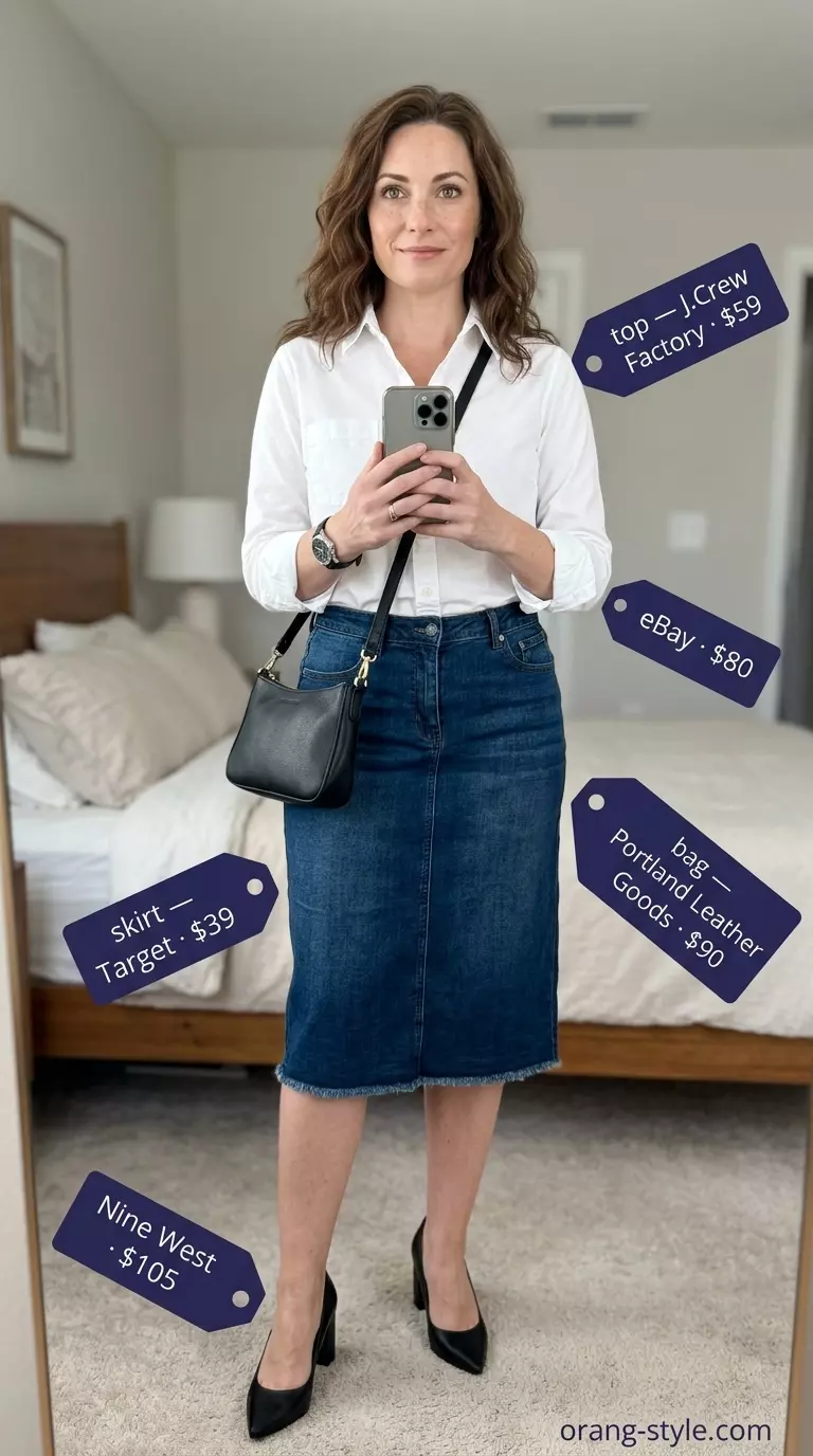 Summer Denim Skirt Outfits for Women 2026: Dark wash pencil skirt, white shirt, black pumps, and structured bag for city chic.