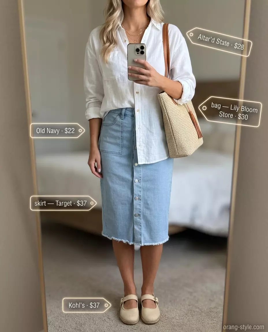 Summer Denim Skirt Outfits for Women 2026: Light wash A-line skirt, linen shirt, espadrilles, and straw tote for coastal vibes.