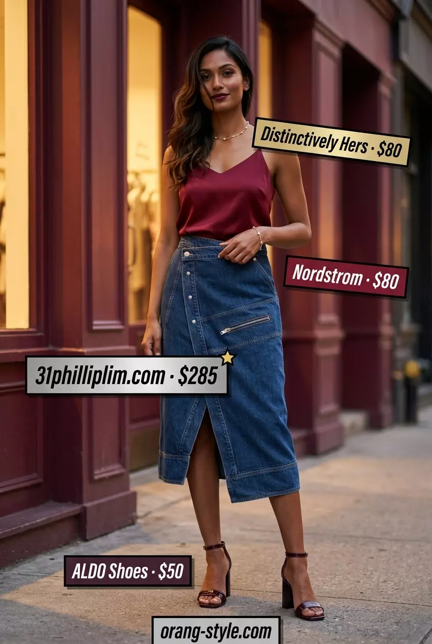 Summer Denim Skirt Outfits for Women 2026: Dark wash wrap skirt, satin cami, strappy heels, and clutch for date night.