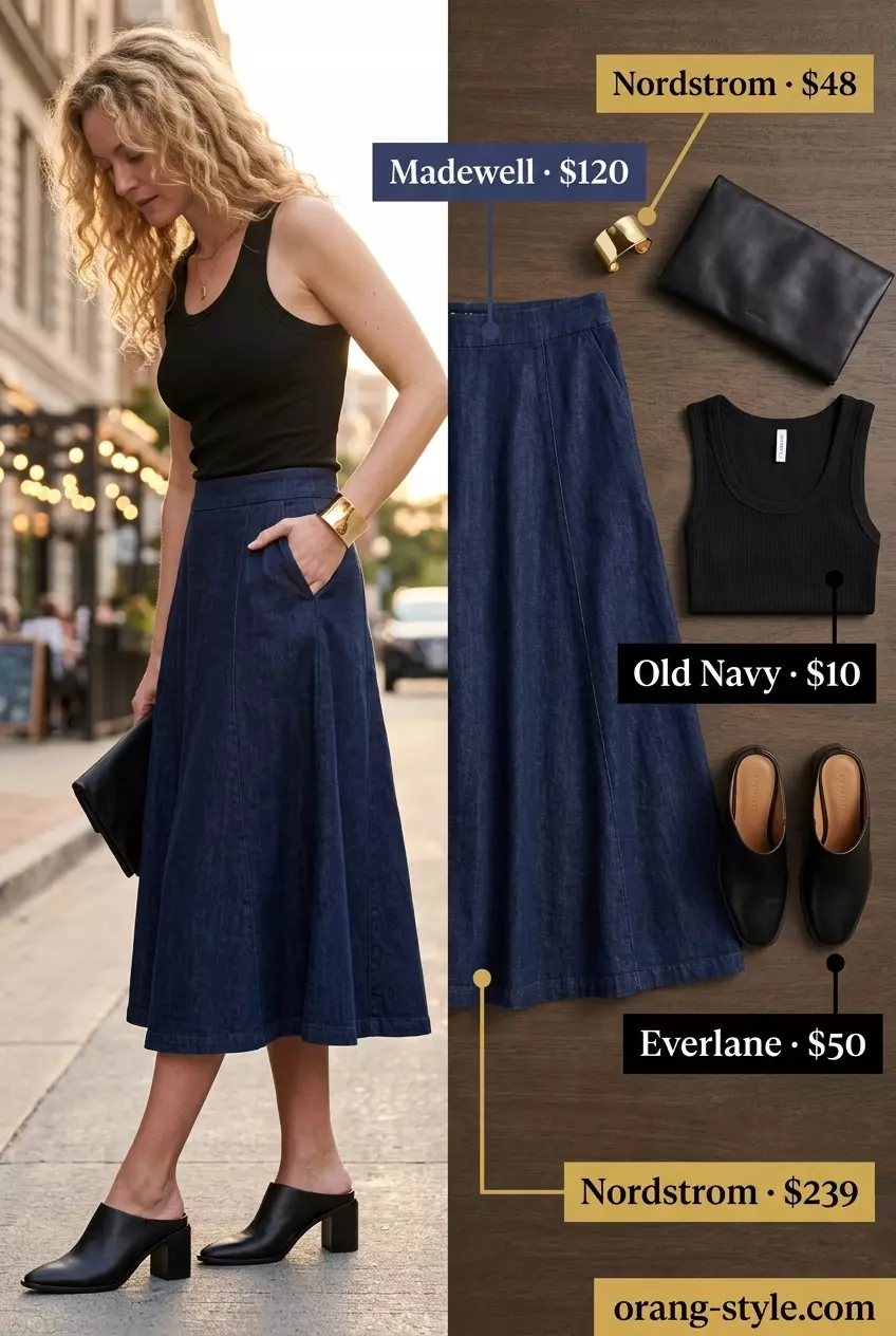 Effortless summer evening outfits for women 2026: Dark wash denim midi skirt with fitted knit top and block heel mules.