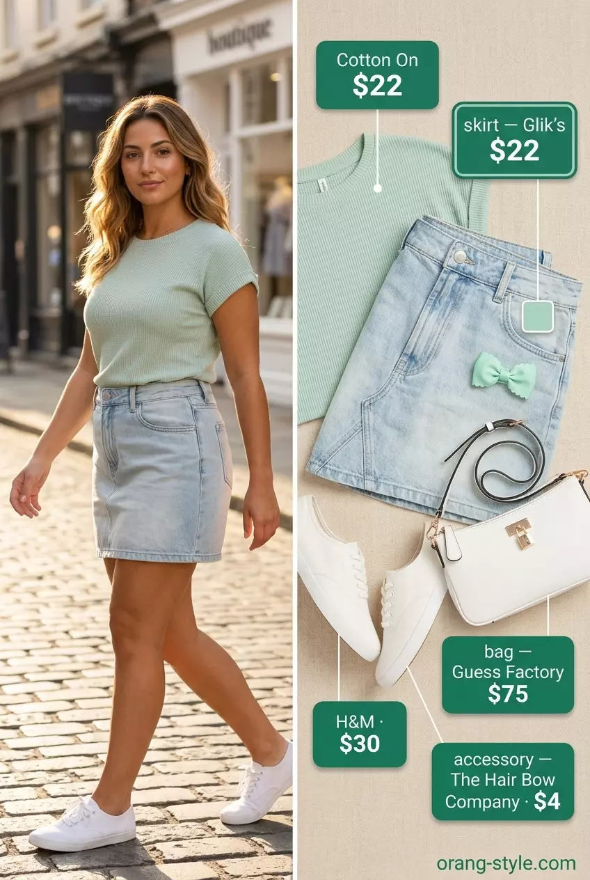 Summer denim skirt outfits for women 2026: Light wash A-line denim skirt with mint green knit top and white sneakers for a picnic.