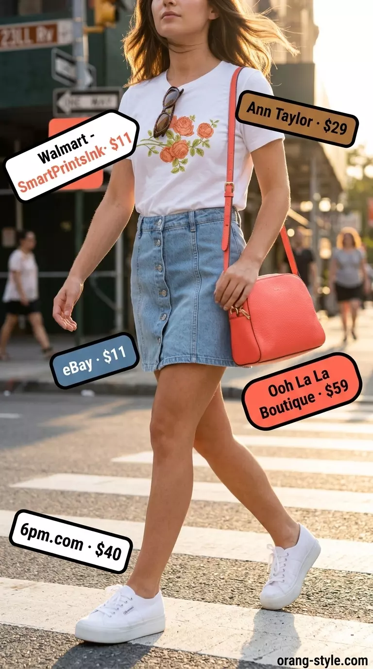 Retro summer daydream outfits for women 2026: Light wash A-line denim mini skirt with coral graphic tee and platform sneakers.