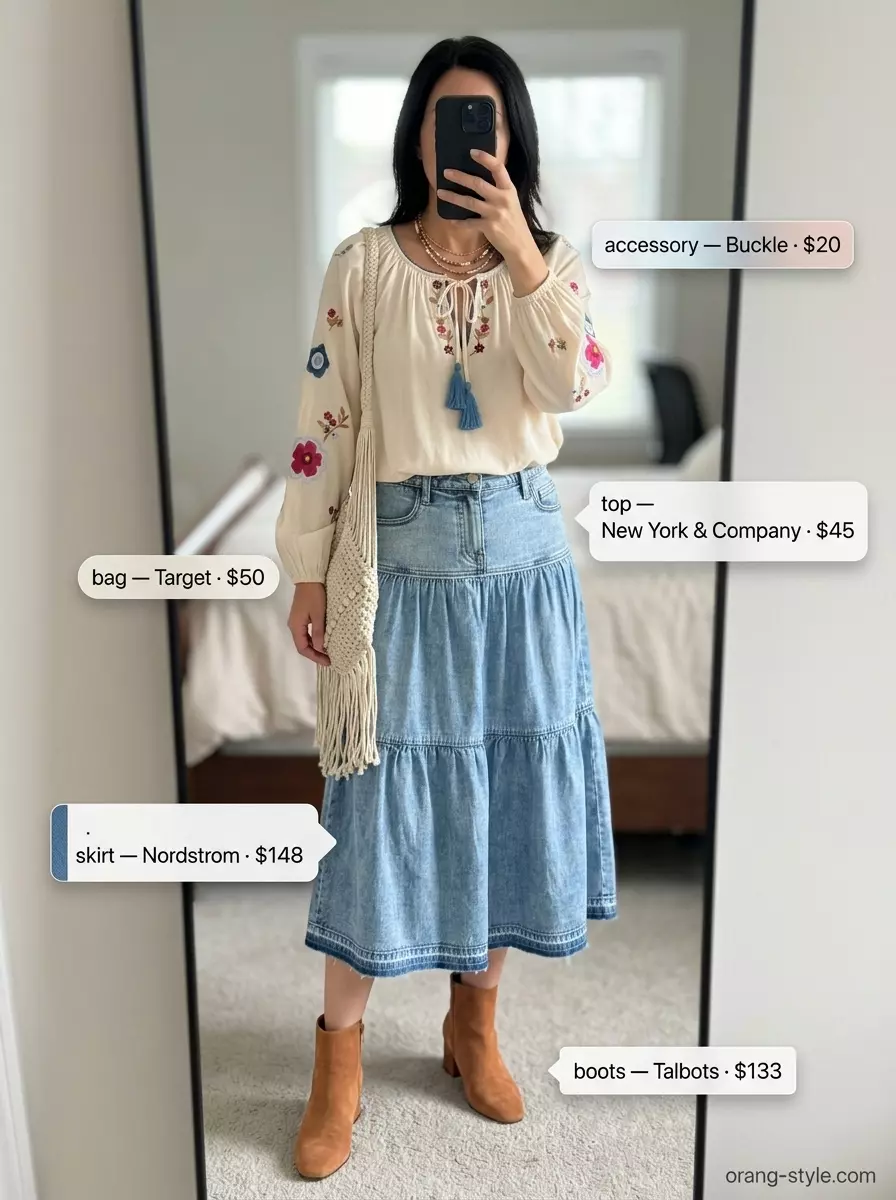Sunset boho vibes summer denim skirt outfits for women 2026: Tiered denim midi skirt with embroidered peasant blouse and suede boots.