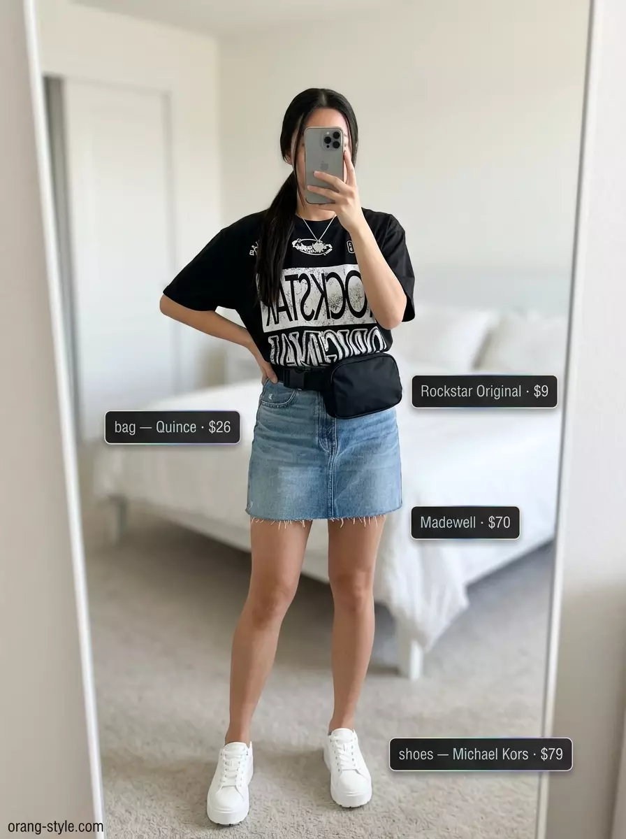 Summer Denim Skirt Outfits for Women 2026: Mini denim skirt, graphic tee, platform sneakers, and belt bag for edgy city style.