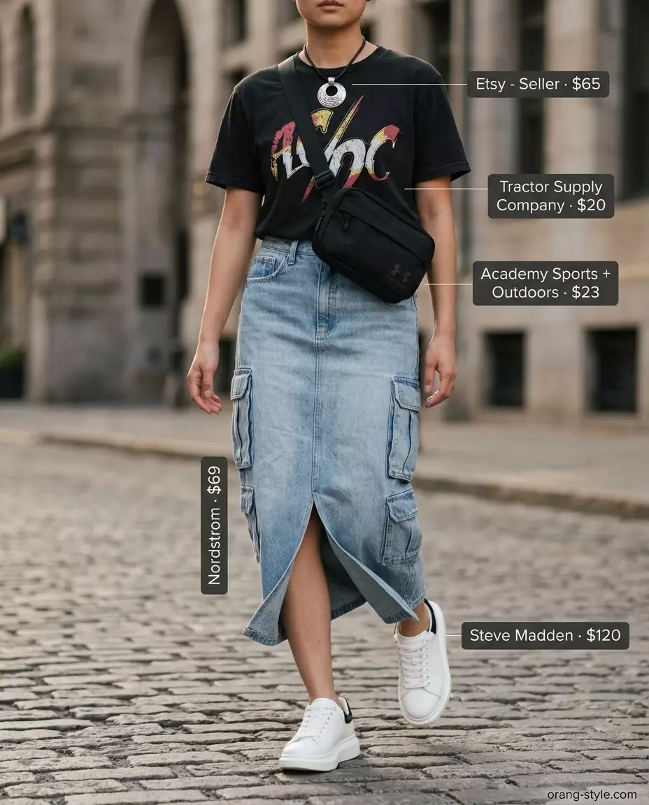 Summer Denim Skirt Outfits for Women 2026: Utility denim midi skirt, graphic tee, chunky sneakers, and belt bag for urban style.