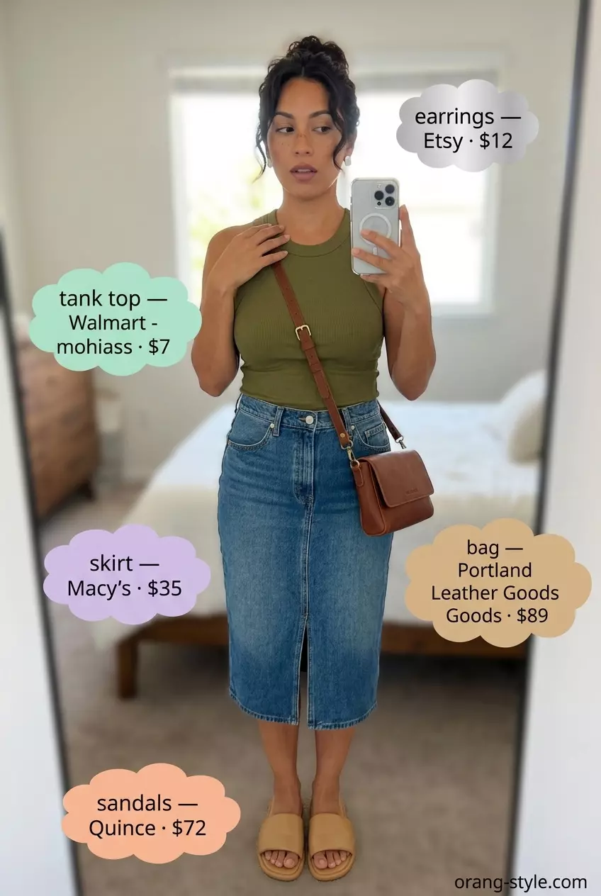 Casual cool summer denim pencil skirt outfit 2026 with olive green tank and tan accessories.