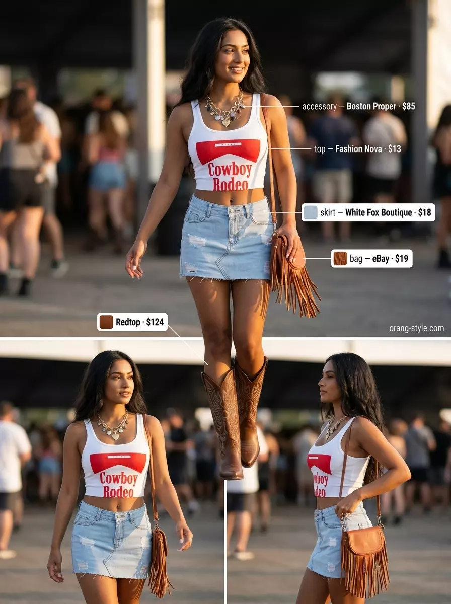 Festival ready summer denim mini skirt outfit 2026 with cowboy boots and fringe bag.