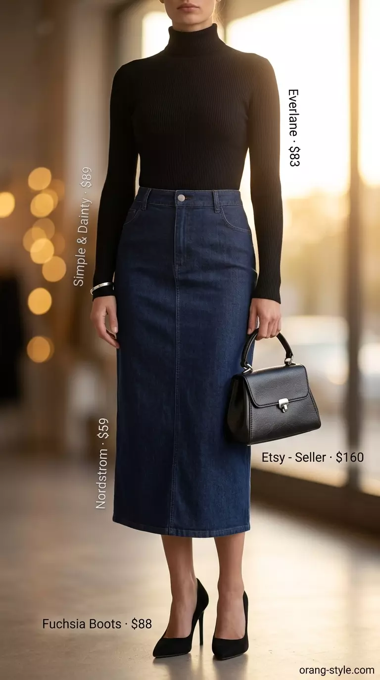 Modern minimalist summer denim pencil skirt outfit 2026 with black turtleneck and heels.