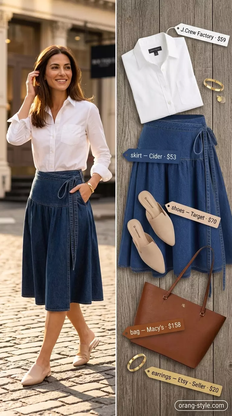 Modern classic summer denim wrap skirt outfit 2026 with white shirt and nude mules.