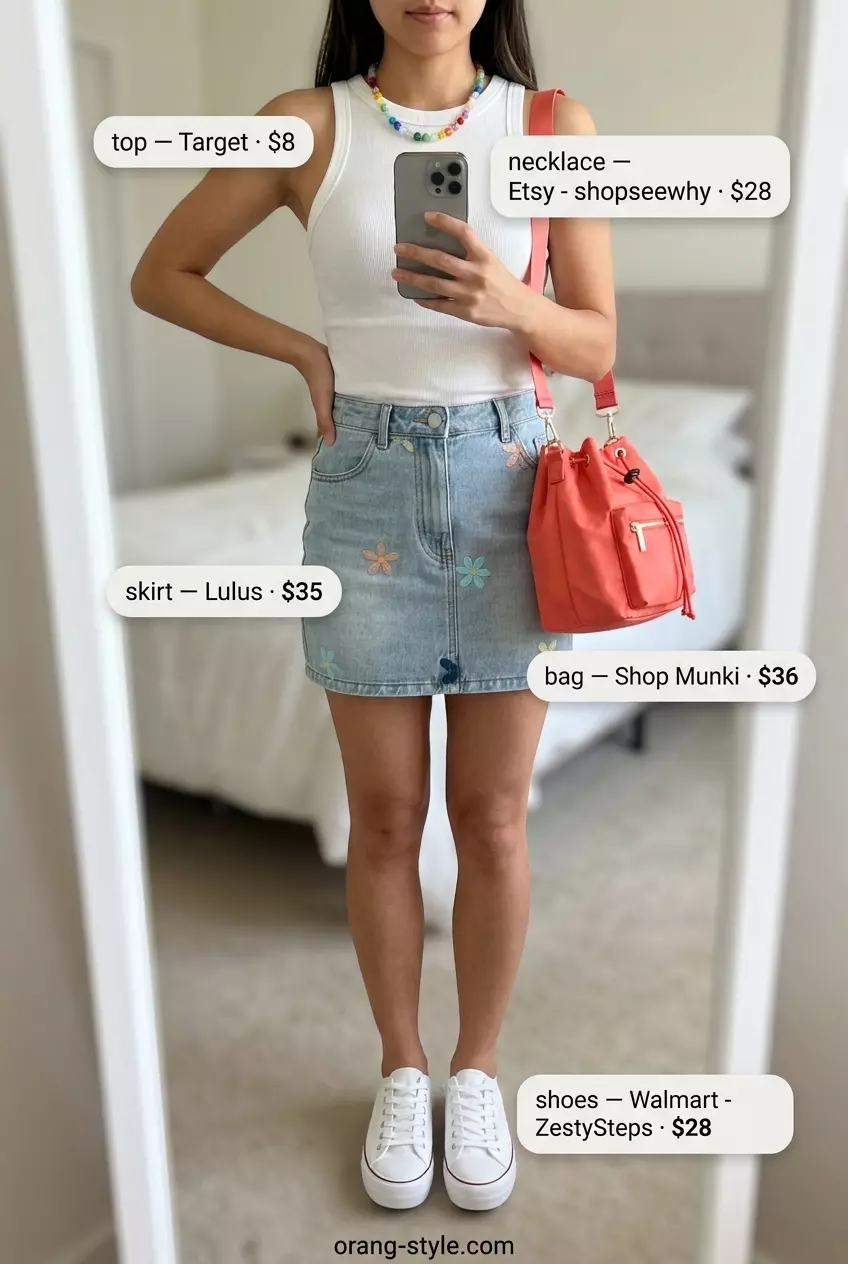 Playful summer denim mini skirt outfit 2026 with coral bag and beaded necklace.