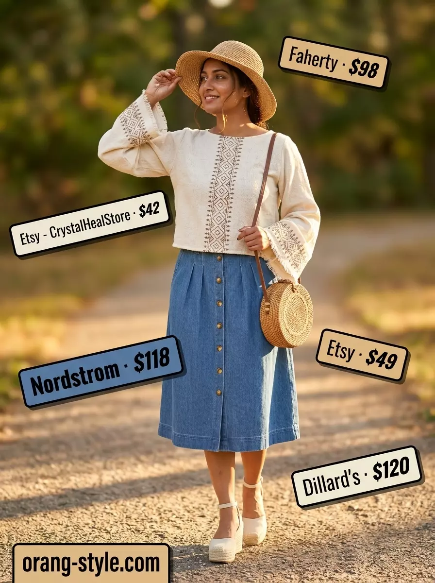 Retro summer vibes denim midi skirt outfit 2026 with peasant blouse and espadrilles.
