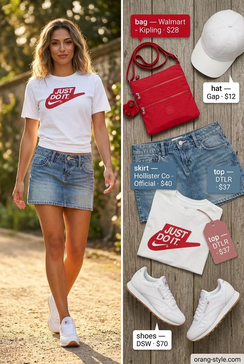 Sporty chic summer denim skirt outfit 2026 with red graphic tee, white cap, and sneakers.