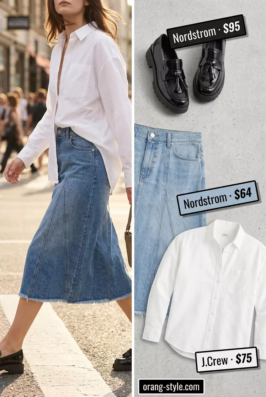 Urban explorer summer denim midi skirt outfit 2026 with white button-down and loafers.