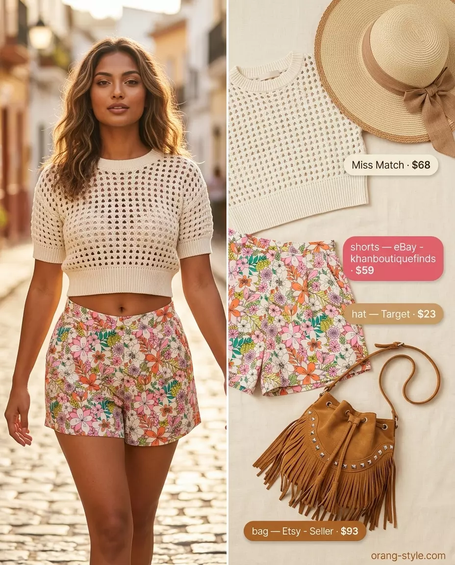 Boho festival summer flowy shorts outfit: Floral shorts with crochet top, fringe bag, and straw hat.