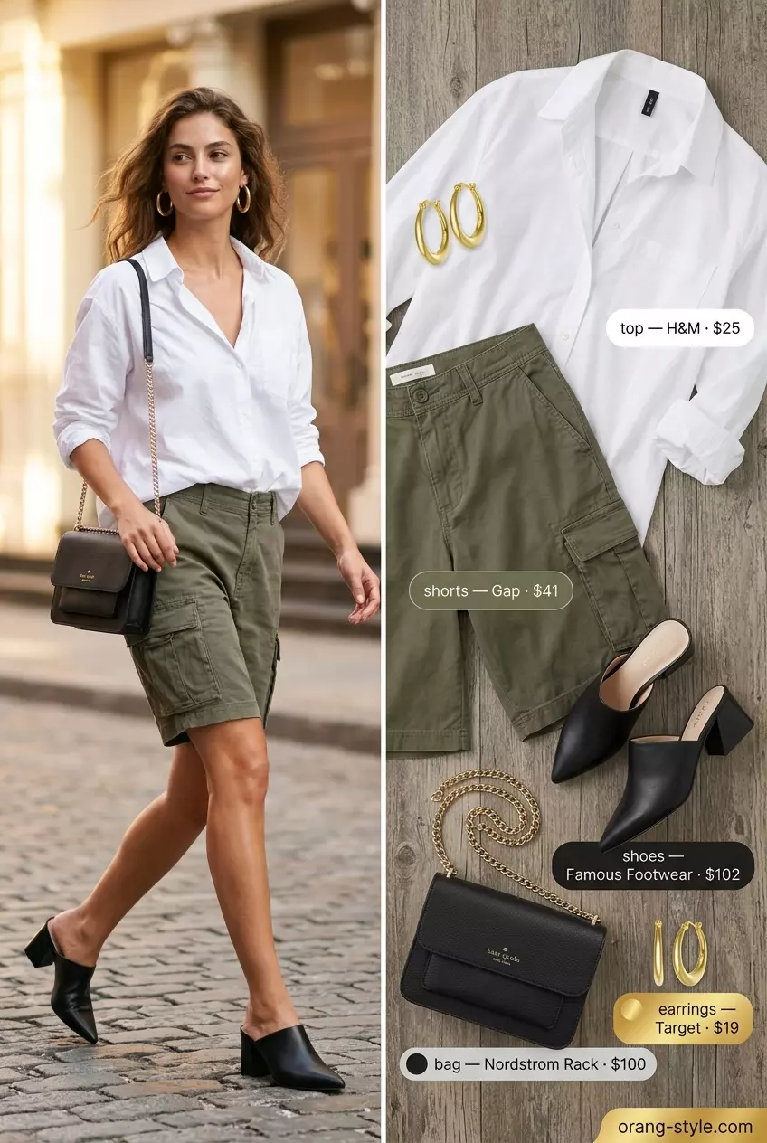 Stylish summer flowy shorts outfit: Olive green cargo shorts with white shirt, black mules, and crossbody bag.
