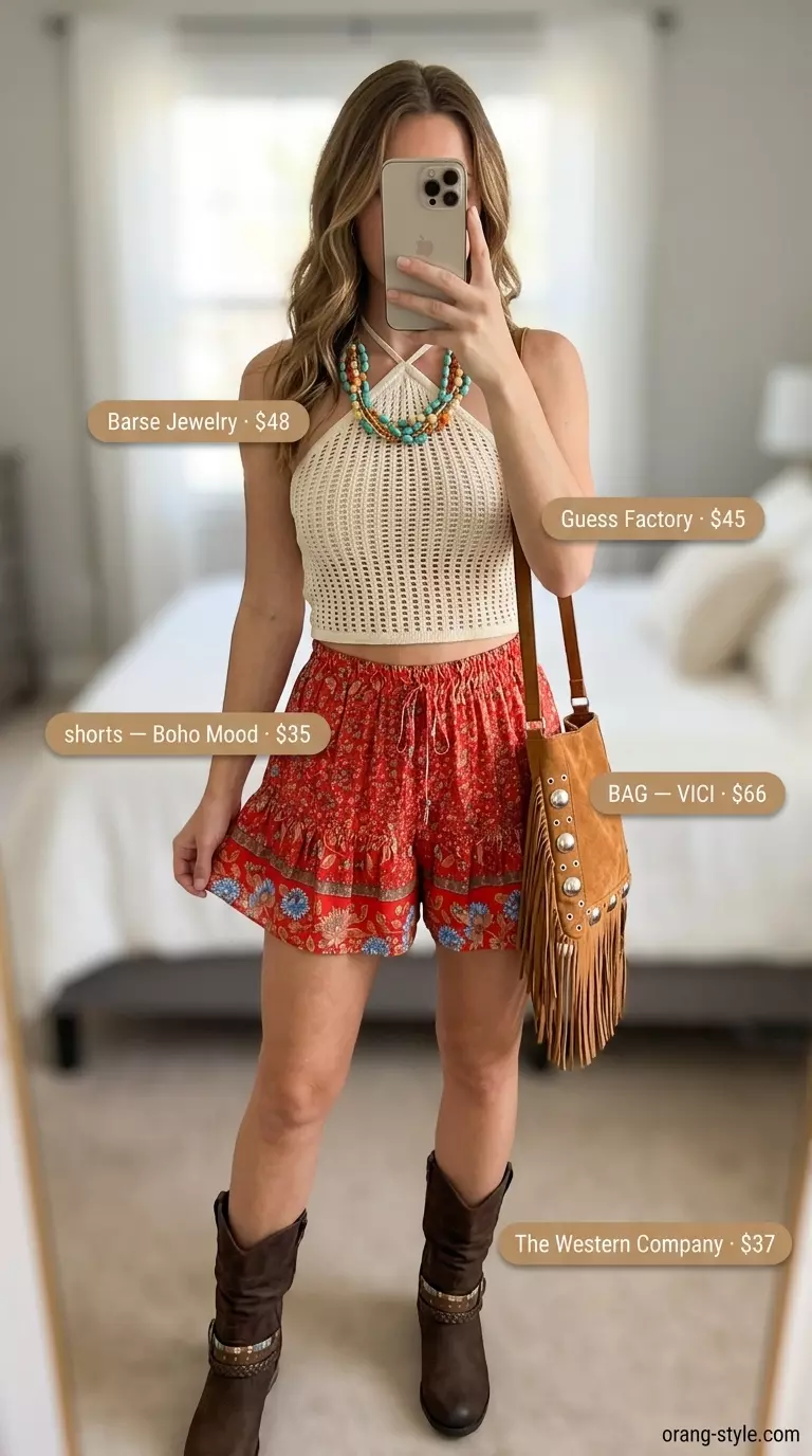 Boho festival summer flowy shorts outfit: Floral shorts with crochet halter top, fringe bag, and ankle boots.