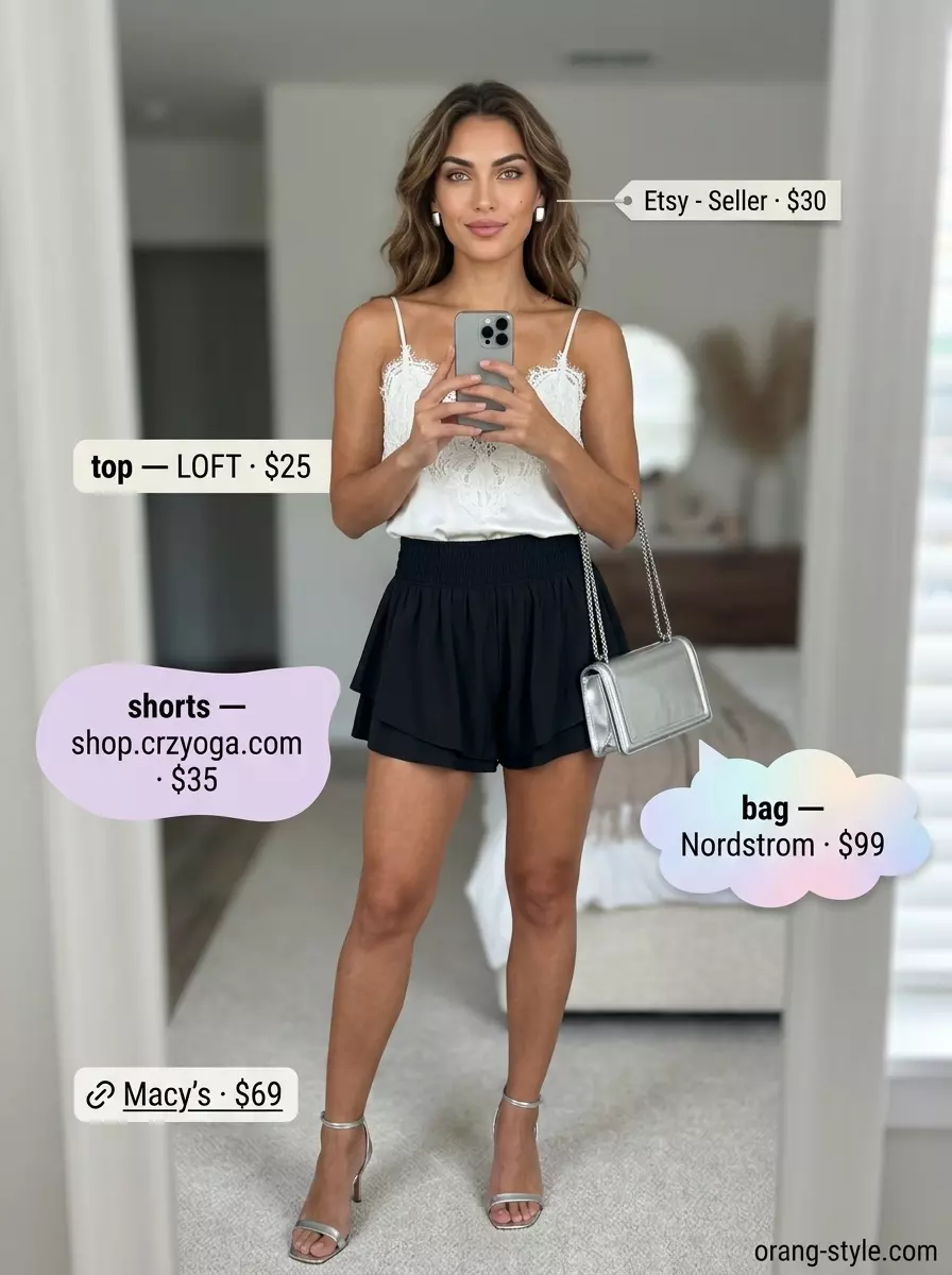 Effortless summer evening flowy shorts outfit: Black high-waisted shorts with satin cami, silver heels, and clutch.