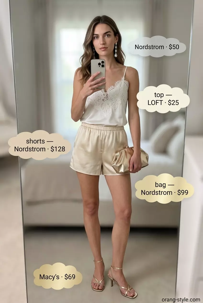 Elegant summer flowy shorts outfit: Champagne silk shorts with ivory cami, gold heels, and clutch for evening.