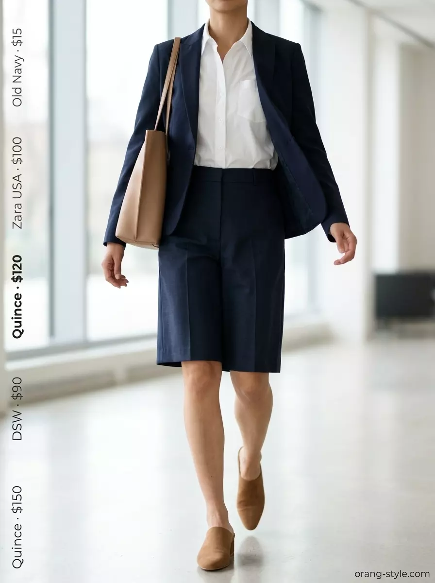 Sophisticated summer flowy shorts outfit: Navy tailored shorts with white shirt, blazer, and tan mules for smart casual.