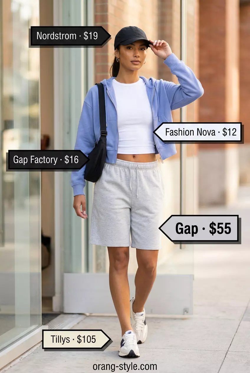 Summer flowy shorts outfit for women 2026: Athleisure Bermuda shorts, graphic tee, baseball cap, sneakers.