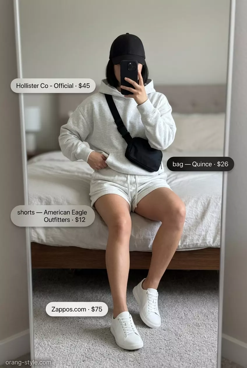 Athleisure Comfort: Light grey lounge shorts, matching hoodie, white sneakers, baseball cap. Summer outfits 2026.