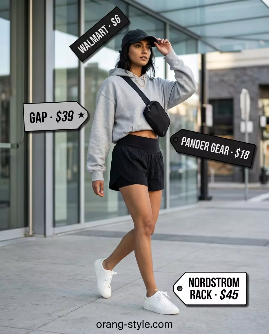 Athletic Shorts: Black athletic shorts, grey hoodie, baseball cap, white sneakers. Summer outfits 2026.