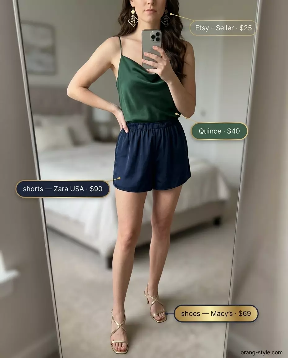Chic Evening: Navy flowy shorts, champagne camisole, gold heels, metallic clutch. Summer outfits 2026.