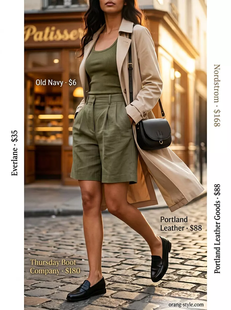 City Explorer Chic: Olive green flowy shorts, white tank, beige trench coat, black loafers. Summer outfits 2026.