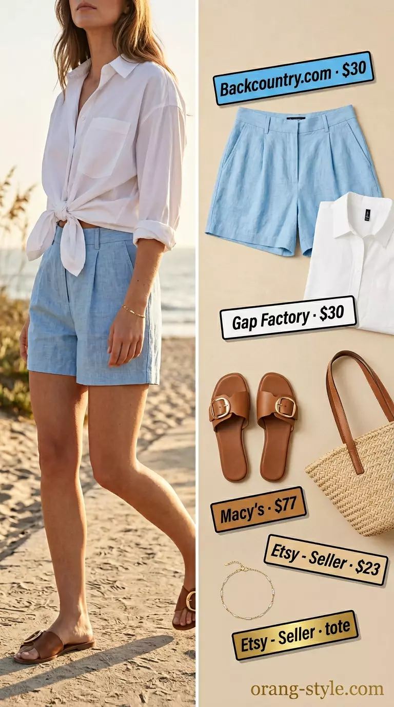 Summer flowy shorts outfit for women 2026: Sky blue linen shorts, white poplin shirt, straw tote, leather slides.