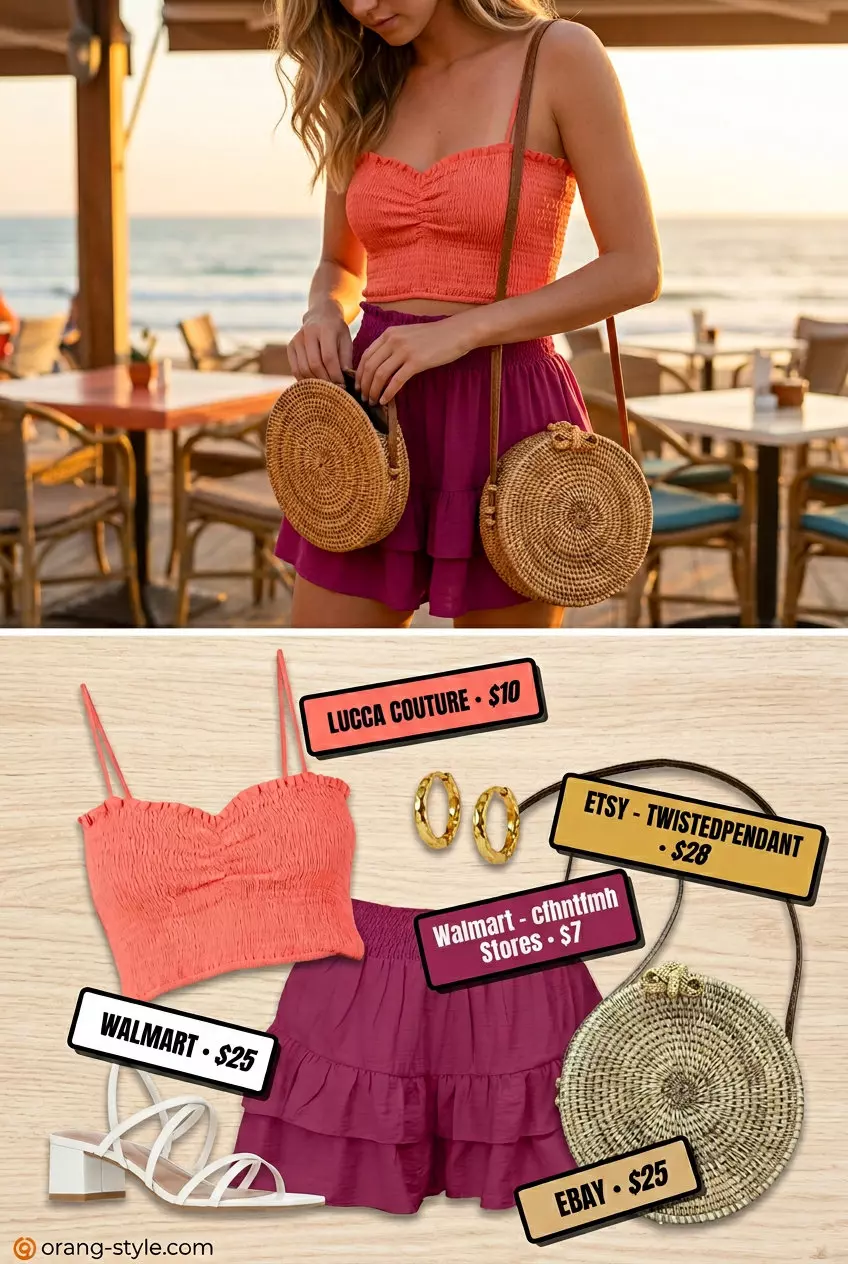 Summer flowy shorts outfit for women 2026: Coral shorts set, smocked crop top, block heels, circle bag.
