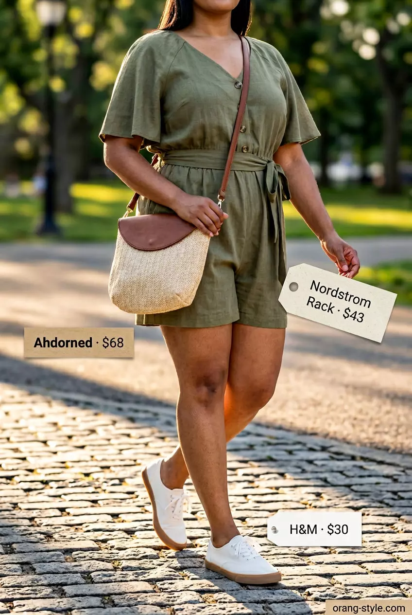 Summer flowy shorts outfit for women 2026: Olive linen romper, layered necklaces, raffia bag, sneakers.