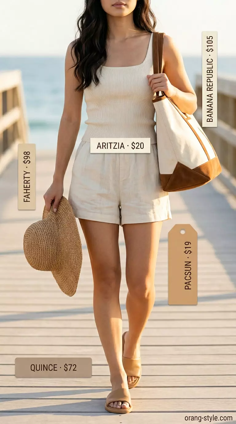 Summer flowy shorts outfit for women 2026: White linen shorts, ribbed tank, straw hat, canvas tote.