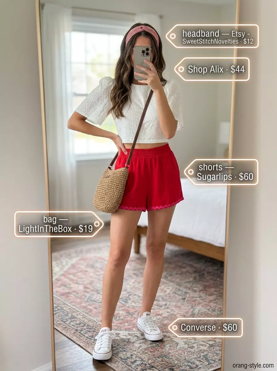 Playful Picnic: Red flowy shorts, white eyelet top, white sneakers, straw bag. Summer outfits 2026.