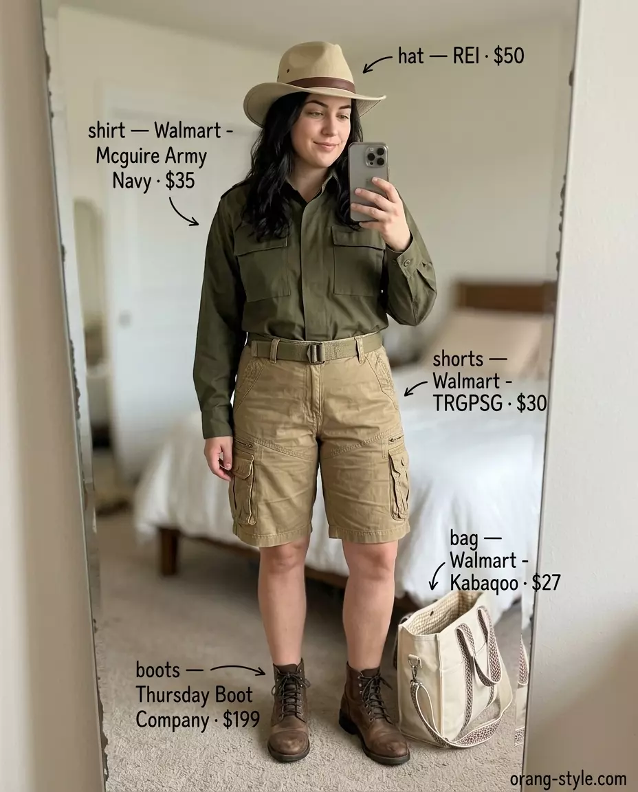 Modern Safari: Khaki flowy utility shorts, olive green shirt, brown boots, cream canvas bag. Summer outfits 2026.