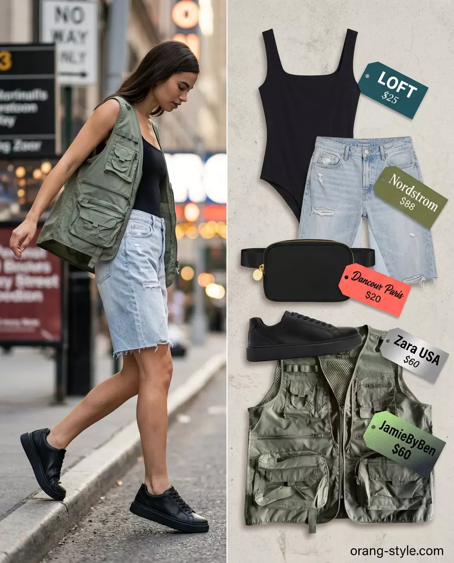 Summer flowy shorts outfit for women 2026: Olive utility vest, distressed denim shorts, black bodysuit, chunky sneakers.
