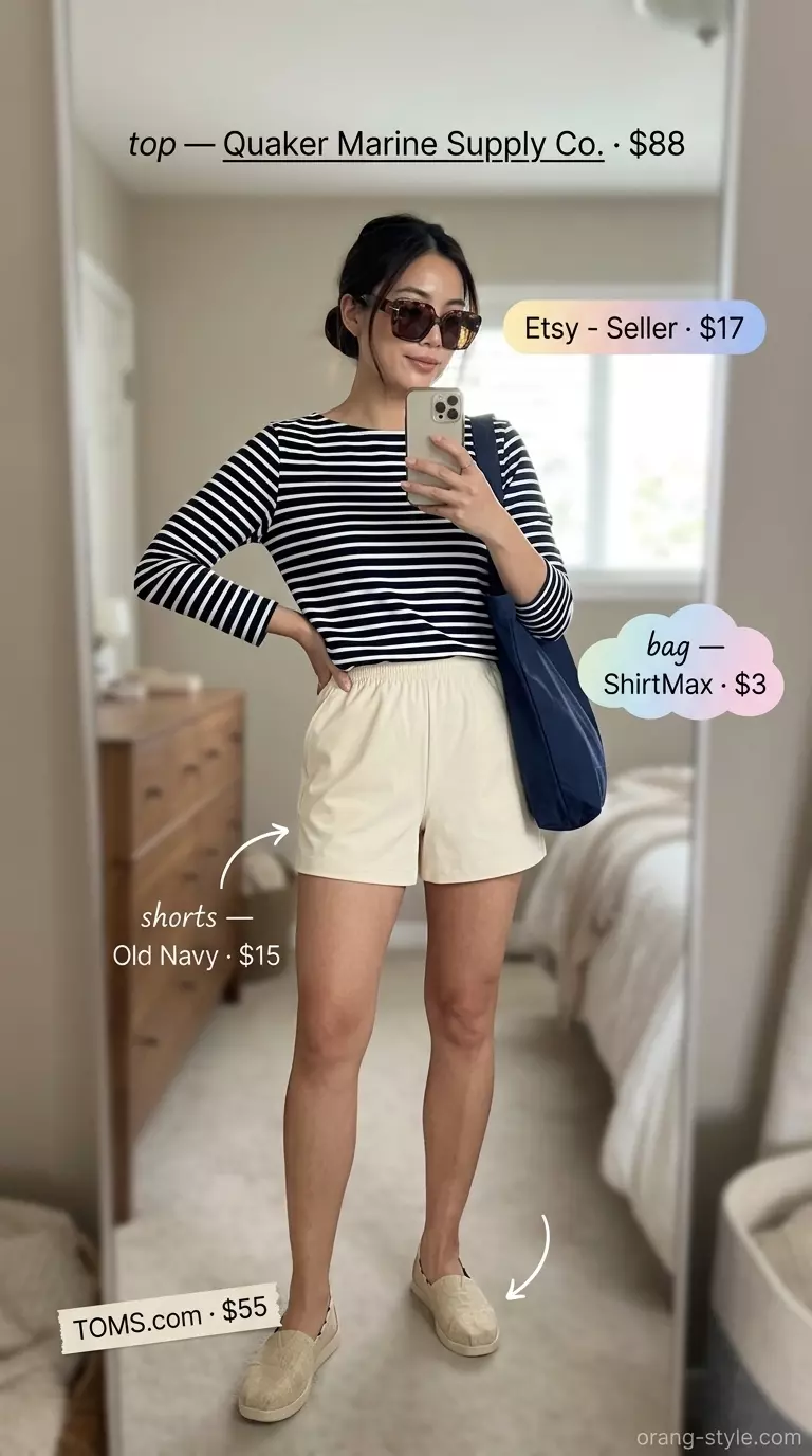 Weekend Getaway: Cream flowy shorts, navy stripe tee, canvas tote, espadrilles. Summer outfits 2026.