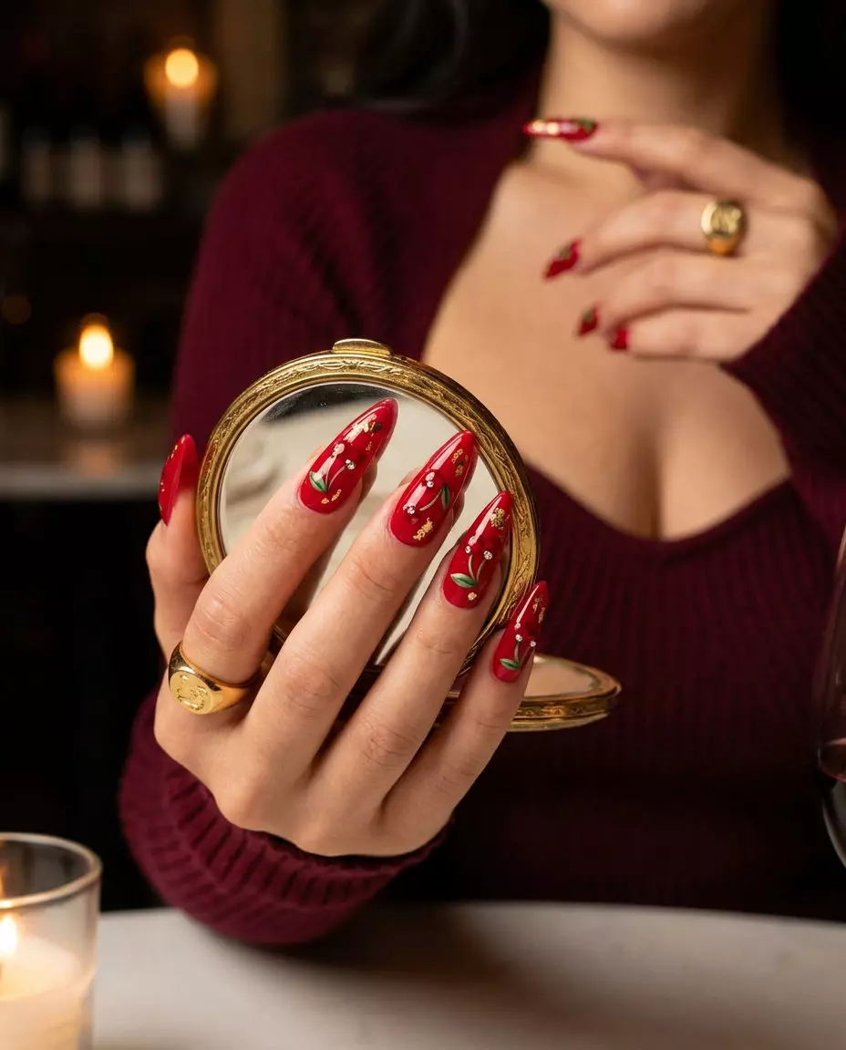 Cherry Bling Stiletto Accents 2026 | Party Nails Cherry Bling Stiletto Accents: Glamorous summer fruits nail art 2026 for parties. Juicy red & gold stiletto nails with rhinestone cherries.