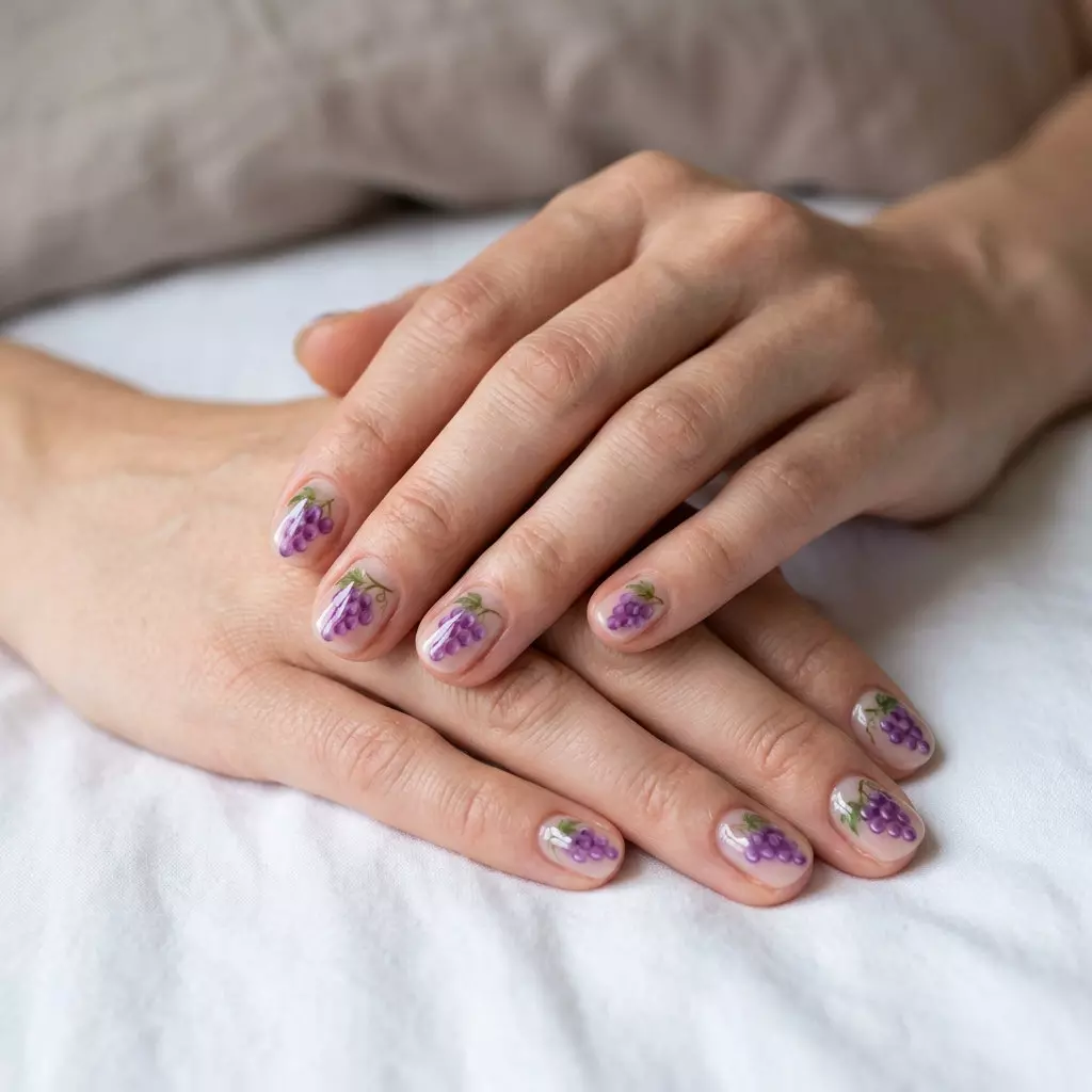 Clear Glass Grape Cluster Oval 2026 | Festival Nails Clear Glass Grape Cluster Oval: Artistic summer fruits nail art 2026 for festivals. Whimsical purple grape clusters on clear oval nails.