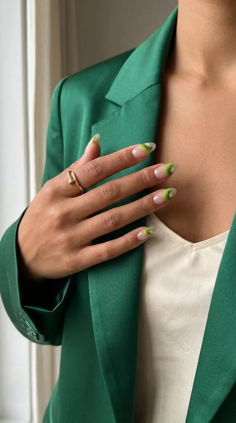 Kiwi Slice French Nails 2026 | Whimsical Festival & Vacation Style Kiwi Slice Reverse French nails: whimsical summer fruits nail art 2026 for festivals & vacations. Clear base with green kiwi slices.