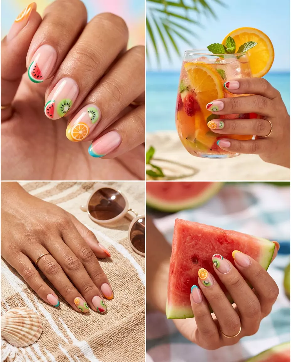 Rainbow Fruit Slice Accents 2026 | Party Nails Rainbow Fruit Slice Accent: Vibrant summer fruits nail art 2026 for parties. Whimsical multicolor fruit slices on clear nails.