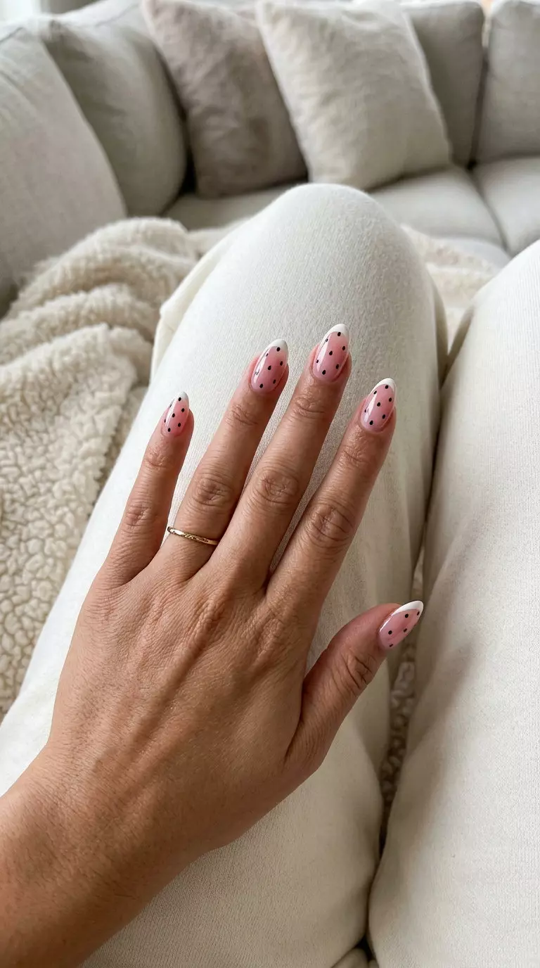 Strawberry Seed French 2026 | Picnic Nails Strawberry Seed Classic French: Charming summer fruits nail art 2026 for picnics. Playful pink & white French tips with black seed dots.