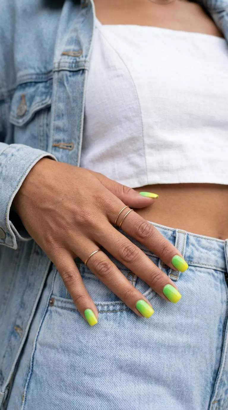 Citrus Gradient Square Nails 2026 Citrus Rind Gradient Soft Square nails: sporty lime green and yellow for outdoor gatherings in 2026.