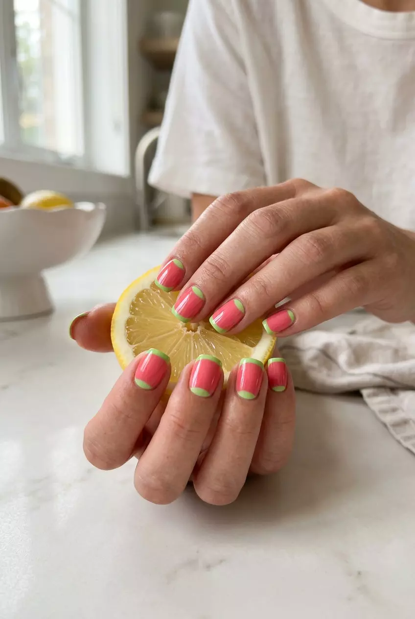 Watermelon Slice French Nails 2026 Melon Slice Reverse French nails: fun watermelon pink and lime green for summer parties in 2026.